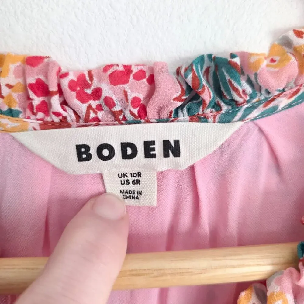 Boden Pink Floral Tiered Midi Dress Long Sleeve Viscose Belted Maxi Size 6R 6